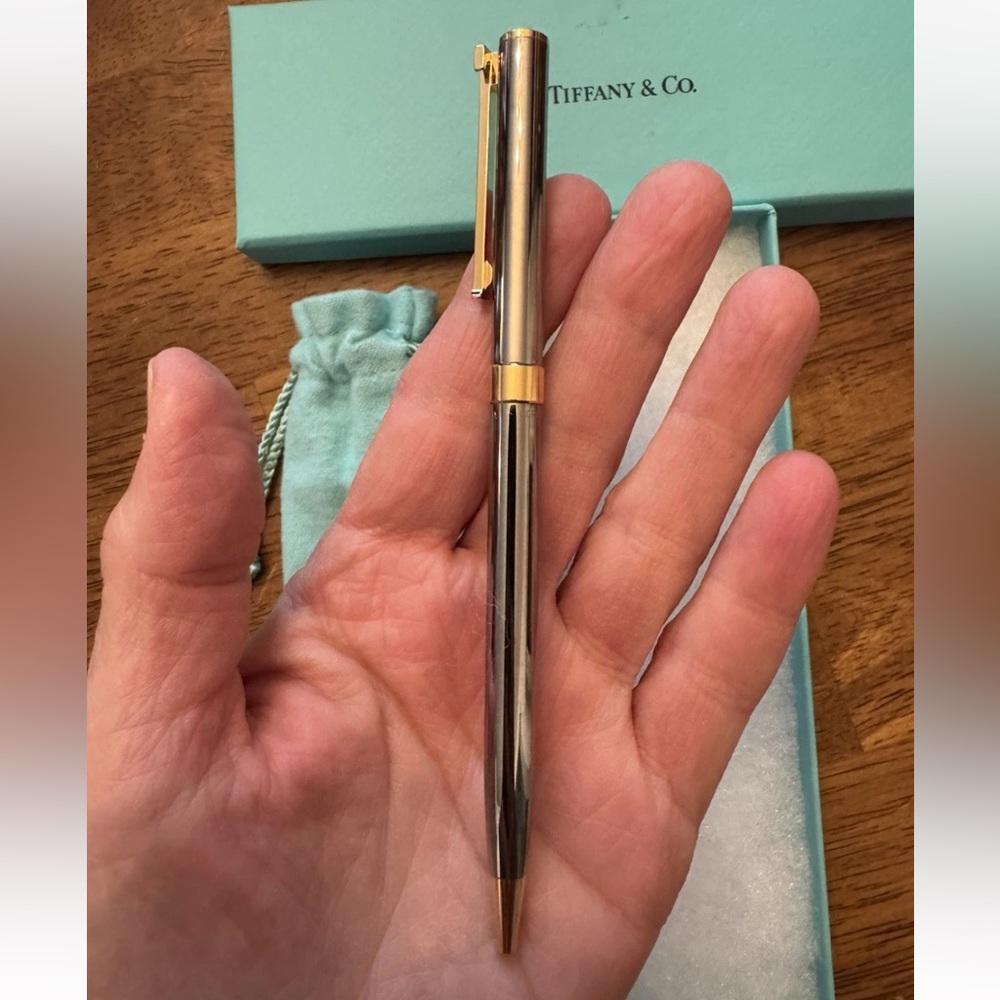 TIFFANY & CO. T Clip Ballpoint Pen Silver / Gold Tone In Original Box Germany - Picture 4 of 8